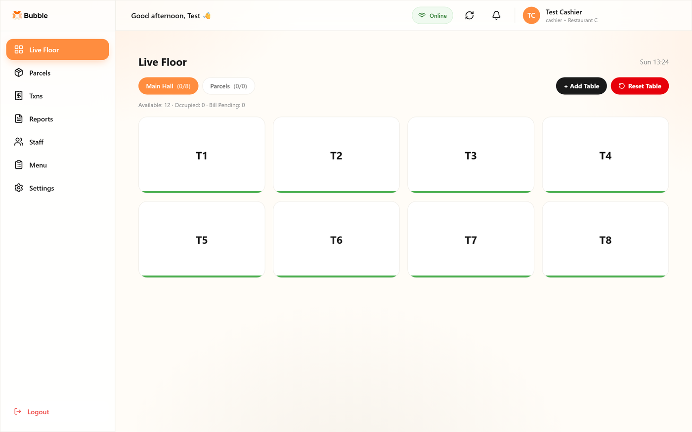 Live floor. Table state by section, shared across every device in real time.