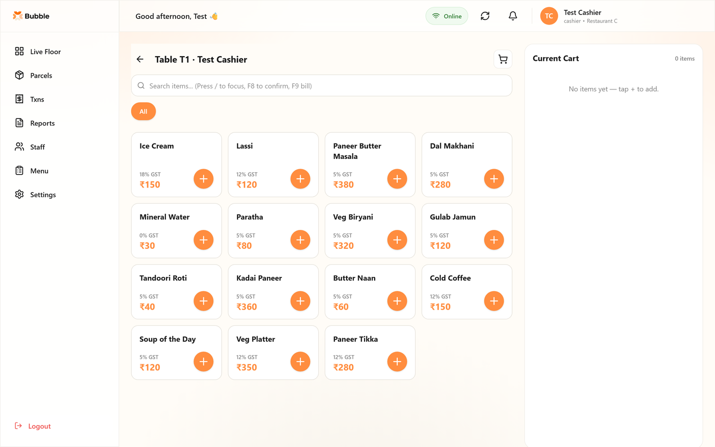 Order capture. Searchable menu with the GST slab on every item, keyboard-driven for speed at a till.